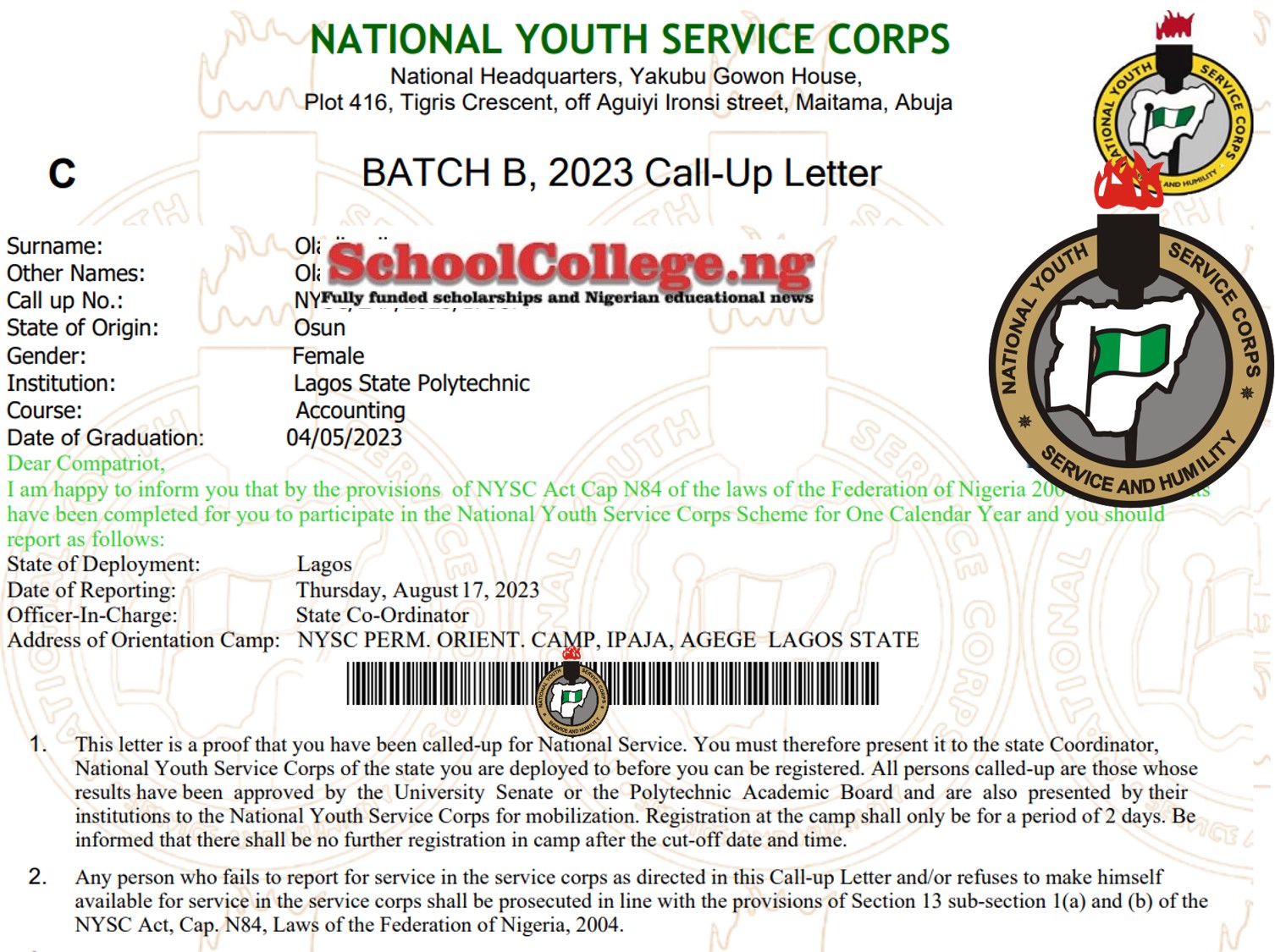 NYSC CALL-UP LETTER